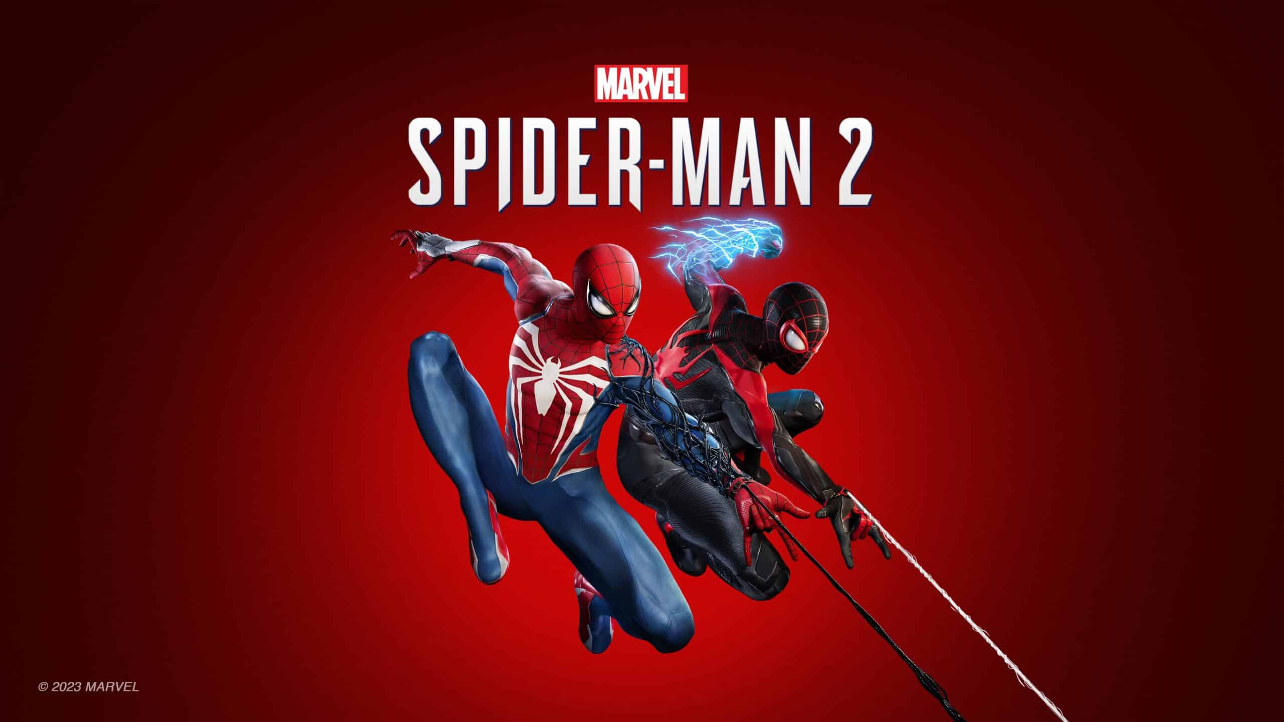 Marvel's Spider-Man 2 key art featuring the logo and the respective Spider-Men, Peter Parker and Miles Morales posing at the center.