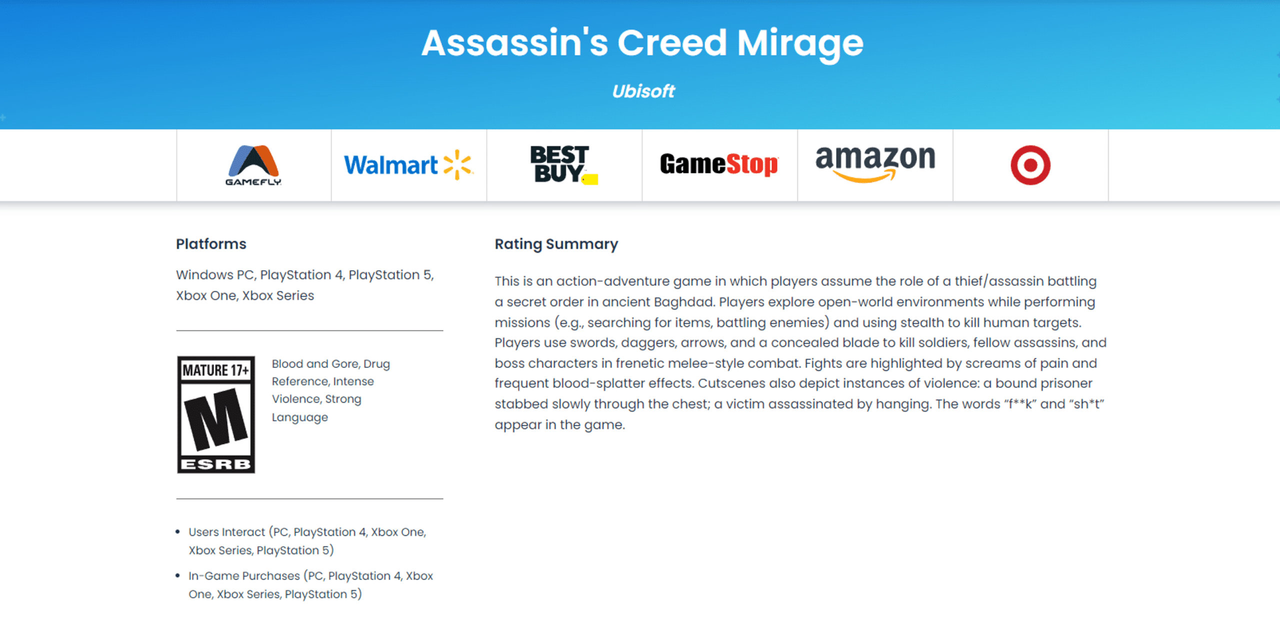 ESRB rating of AC MIRAGE