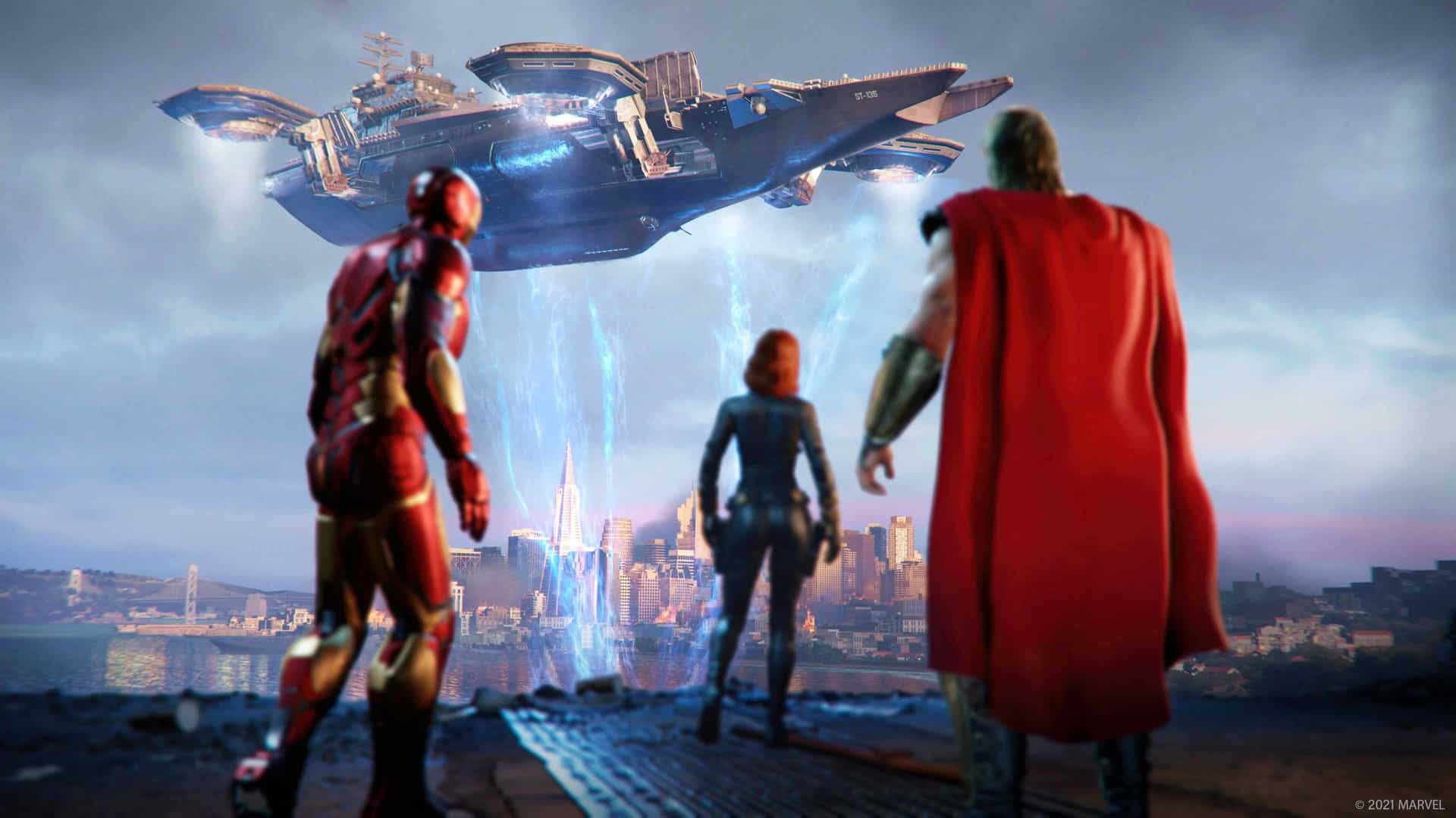 3 marvel superheroes looking at ship
