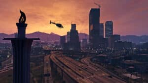 Skyline of Los Santos with heliopter whirring