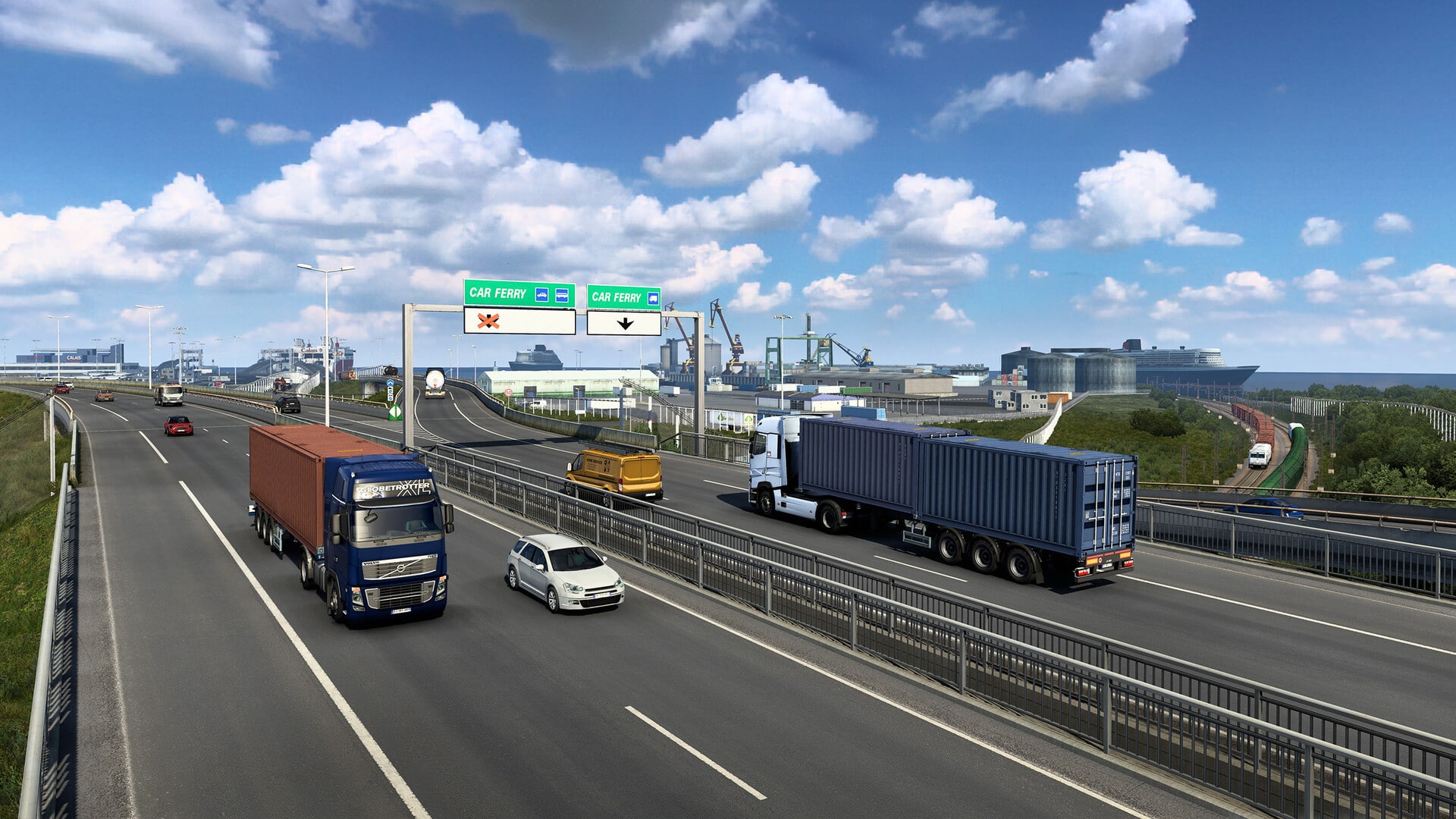 Trucks on highway with cars 